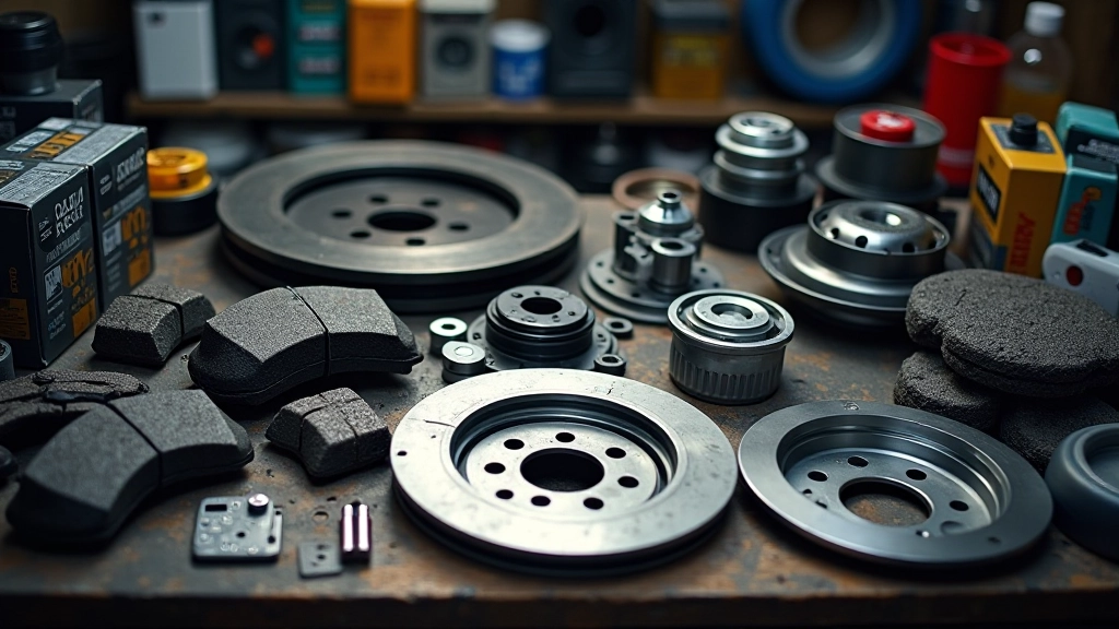 Selection of genuine brake pads and discs arranged on workbench with product packaging