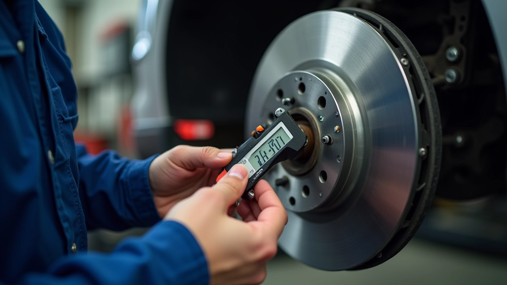 Technician measuring brake disc thickness with precision tool during quality inspection