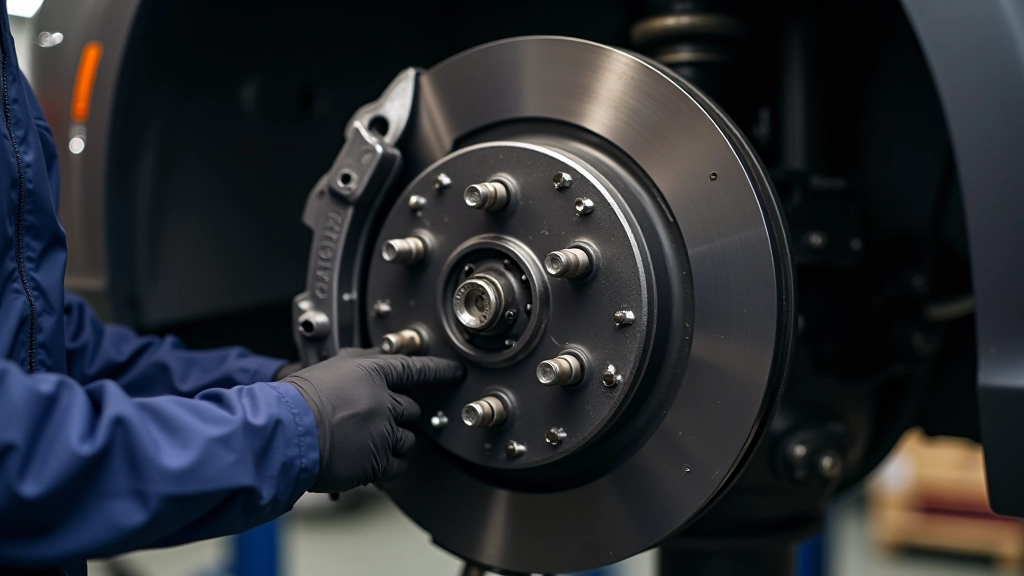 Close-up view of brake caliper assembly with piston and brake pad installed on vehicle wheel