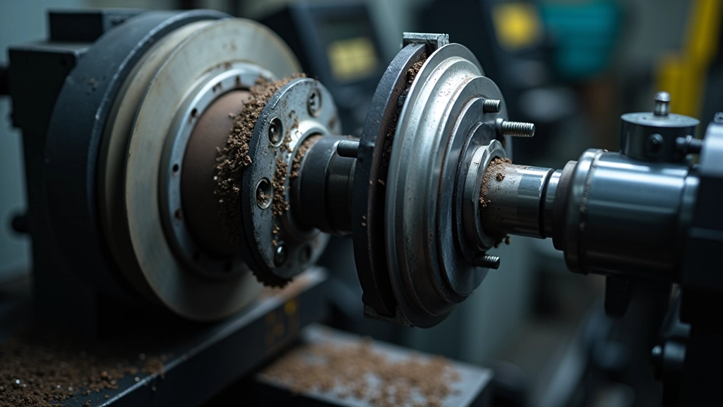 Brake disc being resurfaced on precision lathe machine with metal shavings visible