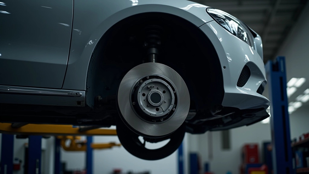 Vehicle on service lift showing brake system and undercarriage during comprehensive brake inspection