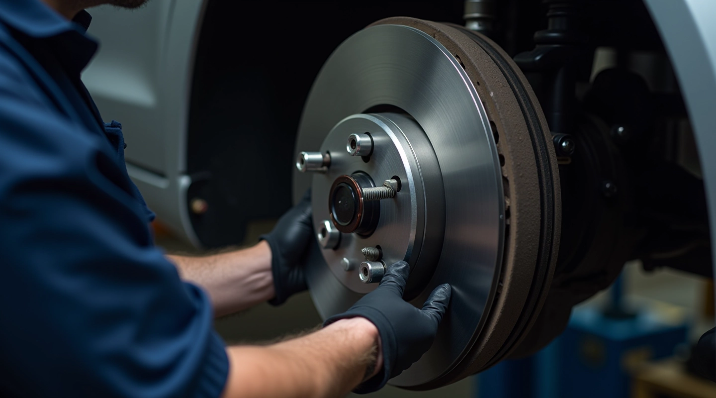 Close-up of brake disc and pad assembly on a vehicle wheel, showing wear patterns and components