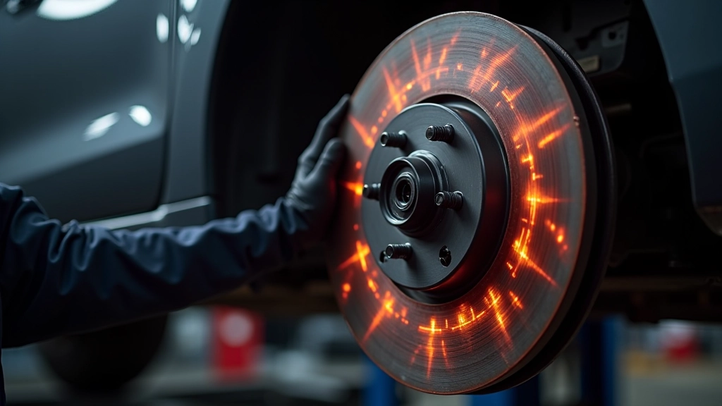 Vehicle brake rotor showing heat damage patterns and discoloration from heavy braking usage