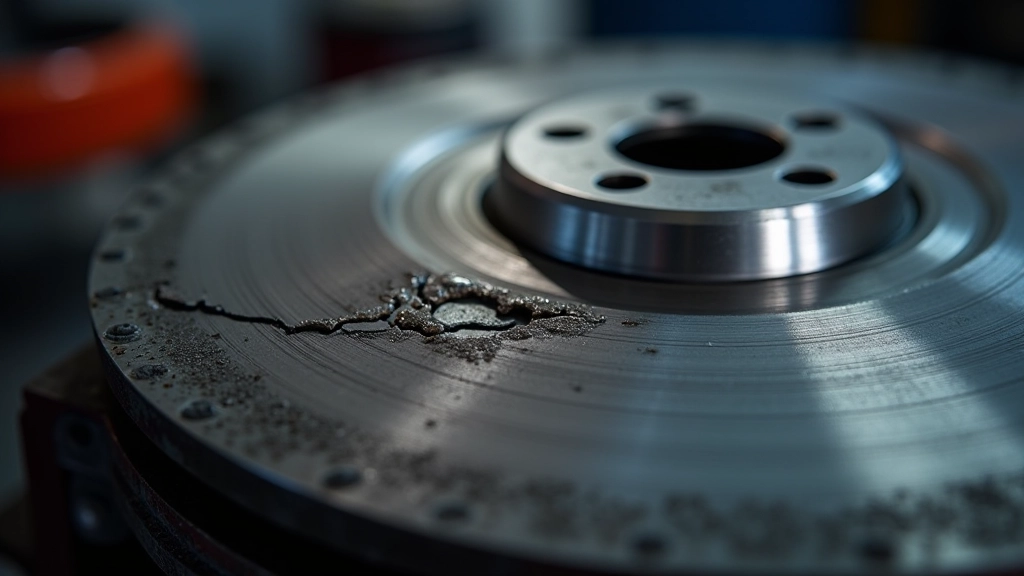Worn brake disc showing deep grooves and scoring damage caused by metal pad contact
