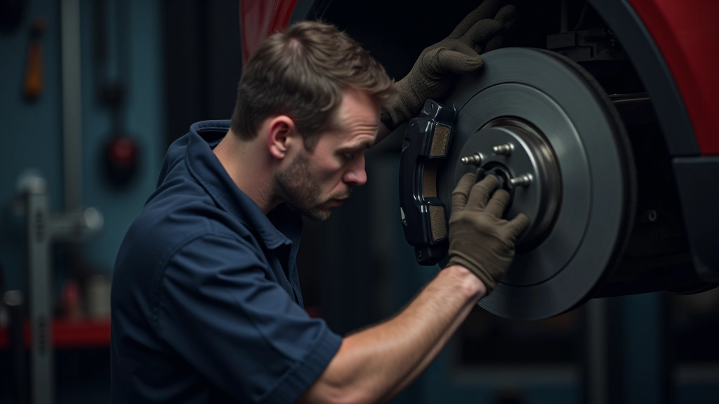 Mechanic's hands inspecting brake pads on a vehicle wheel, checking thickness and wear