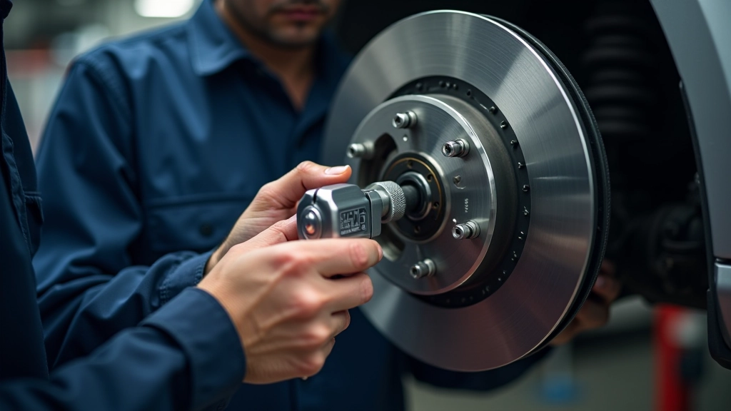 Professional mechanic inspecting brake disc with precision tools in workshop