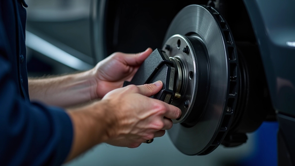 Mechanic's hands installing new brake pads into brake caliper during vehicle service