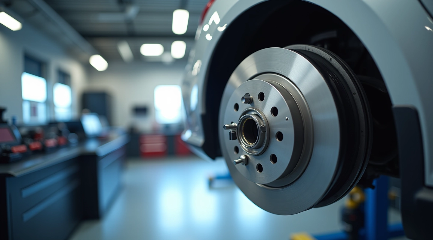 Professional brake disc and pad replacement service workshop with modern equipment and tools