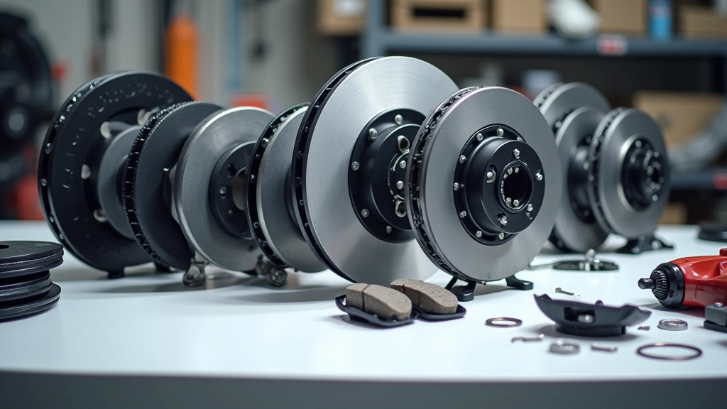 Organized display of brake system components including discs, pads, and fluid