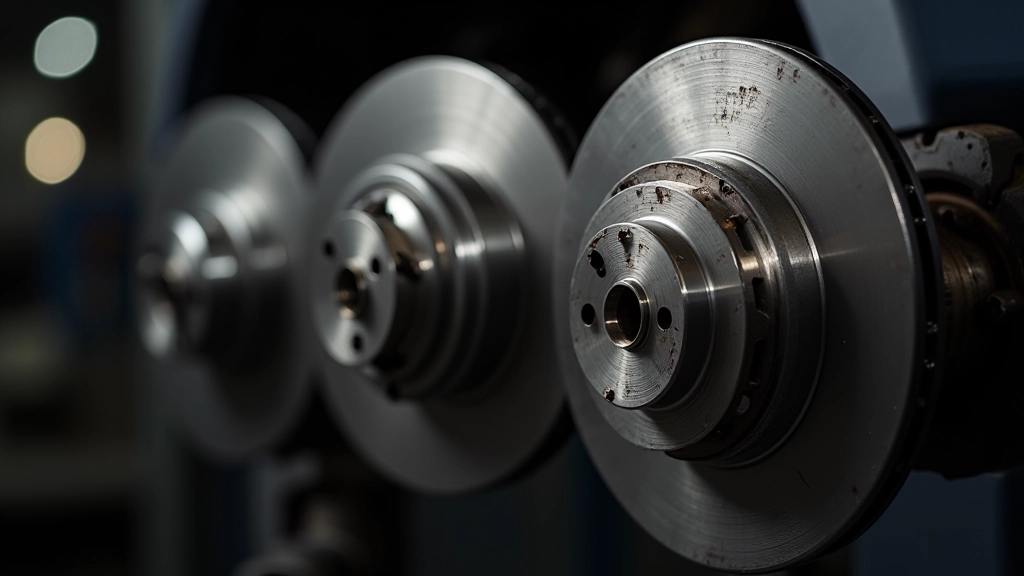 Three brake discs displayed side by side showing different stages of wear from new to severely damaged